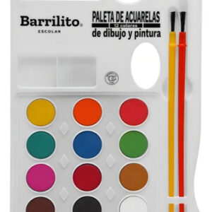 Acuarelas Infantiles Barrilito con Godete, 12 Colores Vibrantes + 2 Pinceles Incluidos, Ideal para Niños y Proyectos Creativos Escolares y de Arte, To