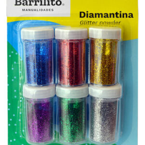 ¡Dale Brillo a Tus Creaciones! Diamantina Barrilito DYA06 - Set de 6 Colores Metálicos con Dispensador para Manualidades y Arte Infantil. Fácil Aplica