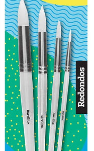 Kit Barrilito KPR4: 4 Pinceles Redondos Profesionales para Artistas y Estudiantes | Cerdas Blancas de Nylon Resistentes | Pintura al Óleo, Acuarela y