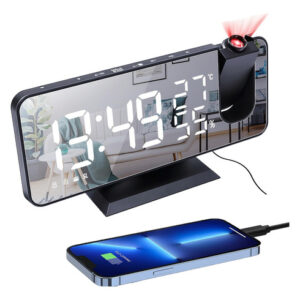 Despertador Digital Inteligente TUMYES: Proyección 180°, Doble Alarma, Radio FM, Carga USB Dual, Pantalla LED 7.3", 19cm Negro - ¡Despierta con Estilo