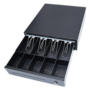 Caja Registradora Metálica MEGACENTRAL CAJON-01: Cajón de Dinero Negro con 5 Divisiones para Billetes y 4 para Monedas, Conexión RJ11, Diseño Antirrob