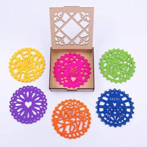 Set de Portavasos Decorativos de Papel Picado Mexicano: MEGACENTRAL MÉXICO, 6 Piezas en Fieltro Grueso, Caja de Madera Reciclada, Diseño Multicolor, P