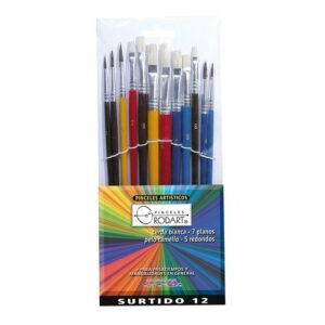 Juego de Pinceles Rodart Surtidos x12: Calidad Profesional para Pintura en Madera, Metal y Paredes. Cerdas Naturales y Sintéticas, Ideal para Acabados