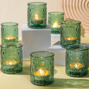 12 Portavelas Votivos de Vidrio Verde Simeitol: Elegancia Festiva para Decoración de Bodas, Fiestas y Eventos Especiales. Diseño Clásico, Ideal para V