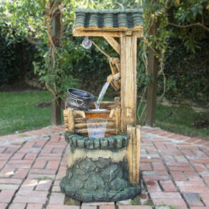 Fuente de Agua Rústica de Jardín Modelo TZL128 - Marca MEGACENTRAL MÉXICO - Cascada de 3 Niveles con Diseño de Pozo, Acabado Marrón, Resistente a Inte