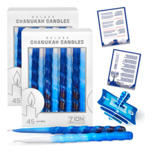 Ilumina Hanukkah con Elegancia: Juego de Velas en Espiral Zion Judaica - 45 Piezas Azul y Blanco, Diseño Exclusivo, Incluye Dreidel y Oraciones, Perfe