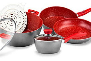 Batería de Cocina Antiadherente FlavorStone® Grande: 7 Piezas Rojo - Sartenes, Cacerola, Salsera y Tapa con Termómetro - Cocina Fácil y Saludable