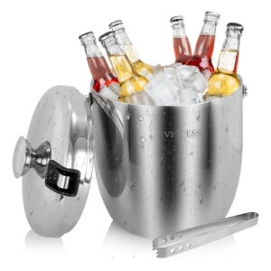 Hielera Termica PREMIUM de Acero Inoxidable Doble Capa, 3 Litros con Pinzas y Filtro. Marca Genérica, Modelo MC-HIELO3L, Mantiene Hielo por Horas, Ide