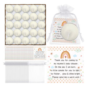 100 Sets de Recuerdos para Baby Shower con Velas Aromáticas Blancas 'Dulce Amor': Paquete Completo con Bolsas de Regalo, Tarjetas de Agradecimiento y