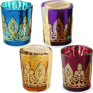 Portavelas de Cristal con Diseño de Henna - Juego de 4 Piezas | Decoración Elegante para el Hogar y Eventos Especiales | Variedad de Colores | Perfect