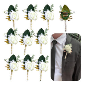 Elegantes Boutonnieres de Eucalipto Marfil y Verde ATEMPORAL para Bodas - Set x 10 - Diseño Realista con Flores de Espuma, Perfectos para Novios y Pad