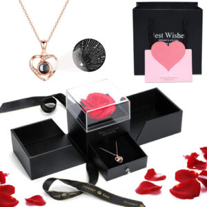 MOROVANLAZA - Rosa Roja Eterna Preservada con Collar 'I Love You' en 100 Idiomas - Regalo Romántico para Ella: Aniversario, Cumpleaños, Día de la Madr