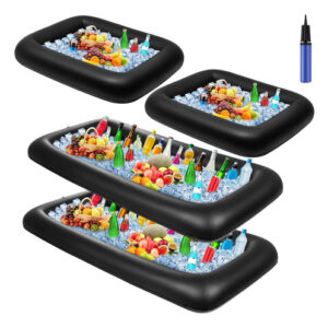 Enfriador Inflable de Hielo para Buffet, Marca Genérica, Pack 4 Bandejas Negro, 2 Tamaños: 130x60x12cm y 71x56x12cm, con Bomba de Mano y Tapón de Dren