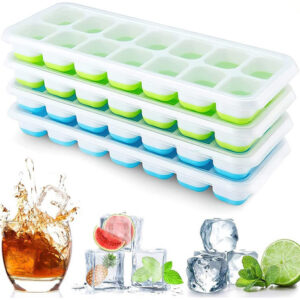 Bandejas para Hielo de Silicona Reutilizables | 4 Piezas con Tapa | Marca Genérica | Diseño Apilable | Cubos Perfectos para Bebidas | Azul y Verde