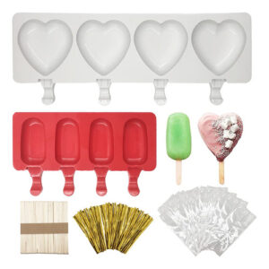 Crea Delicias Refrescantes con Moldes para Helados de Silicona YC2-2: Corazón Blanco y Ovalado Rojo, 4 Cavidades, Incluye Accesorios, ¡Perfecto para P