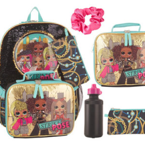 ¡Deslumbrante! L.O.L. Surprise Juego de Mochila de 5 Piezas para Niñas O.M.G. con Lentejuelas Reversibles, Negro y Dorado, 40 cm - Incluye Lonchera, E