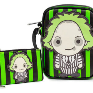 ¡Atuendo Perfecto para Fans! Set Bolso Cruzado y Cartera Beetlejuice Chibi Buckle-Down: Diseño Rayas Verde y Negro, Piel Vegana, Espacio Suficiente pa