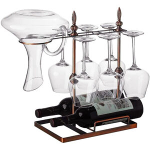 Soporte para Copas y Botellas Uptyia - Elegante Estante Metálico para Vino, Capacidad para 6 Copas, 2 Botellas y 1 Decantador. Diseño Retro y Estable,