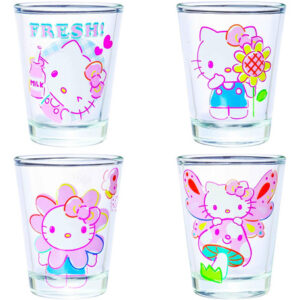¡Celebra con Estilo! Sanrio Hello Kitty - Juego de 4 Mini Vasos de Vidrio Coleccionables (44 ml / 1.5 oz) - Diseño Exclusivo para Bebidas y Decoración