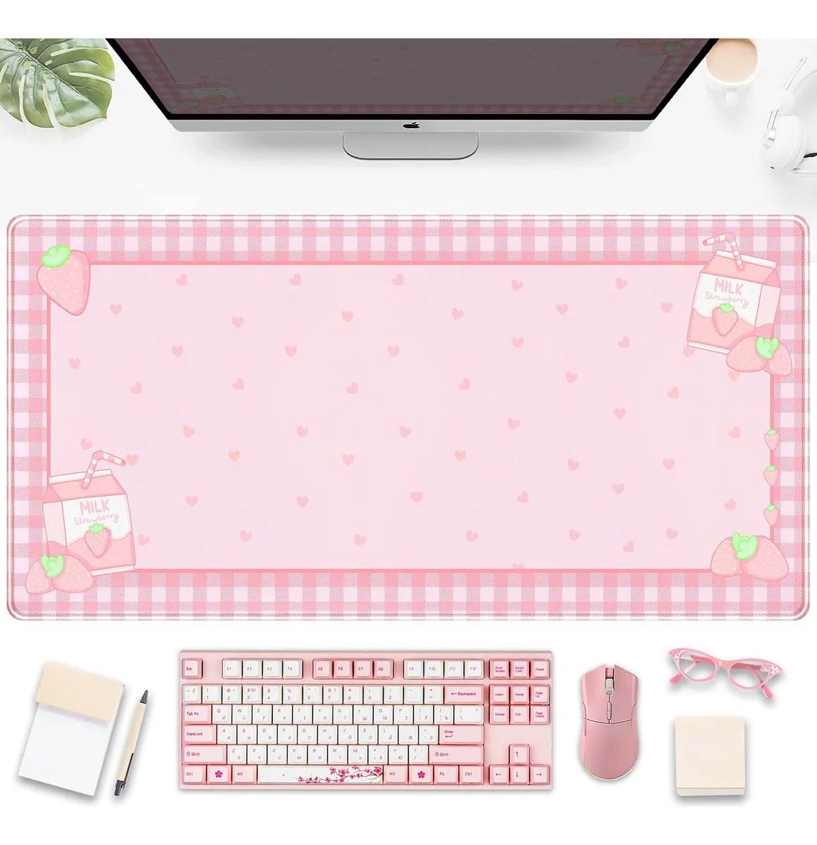 Alfombrilla de Computadora Kawaii Extragrande XXL Rosa Diseño Impreso Fresa con Leche para Teclado y Mouse | Base Antideslizante | Bordes Reforzados | Superficie Lisa 80x40cm