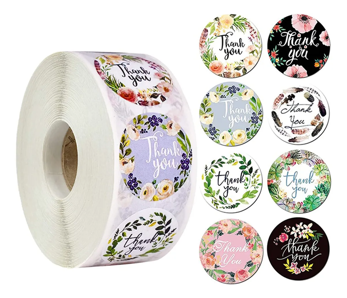 500 Pegatinas Agradecimiento 2.54 Cm Rollo 8 Diseños Florales Papel Adhesivo Autoadhesivo para Tarjetas Felicitación, Sobres, Regalos y Manualidades