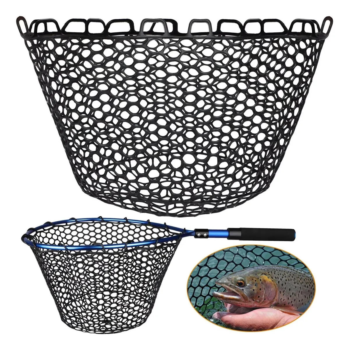 Red de Pesca Profesional de Goma Negra Transparente sin Asa - Ideal para Captura y Liberación - Disponible en 5 Tamaños