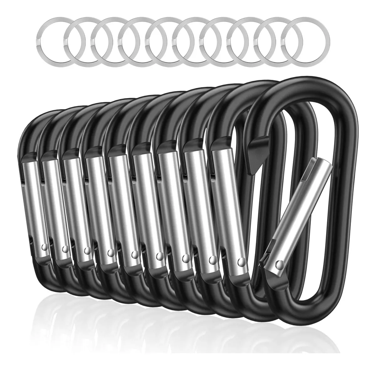 Pack 10 Mosquetones Profesionales Carga 30 Kg - Camping, Senderismo, Accesorios Exteriores - Negro Resistente