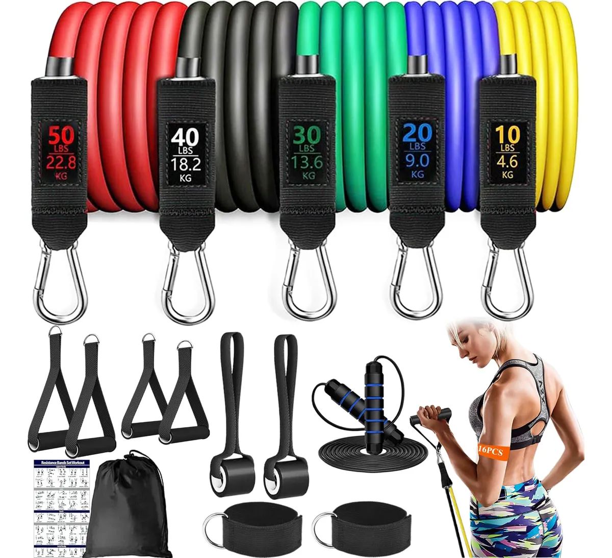 16 Bandas De Resistencia Profesionales 150 Lbs Para Entrenamiento, Yoga y Rehabilitación - Ejercicio Versátil Negro