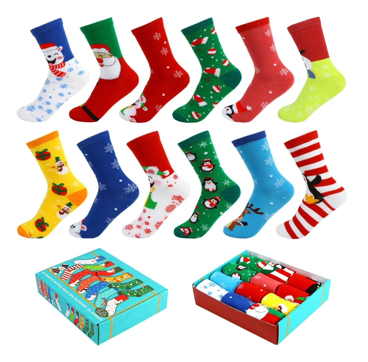 12 Pares Calcetines Cálidos Navideños Unisex Talla 9-11 Tejido Grueso Estampados Festivos Regalo Invierno