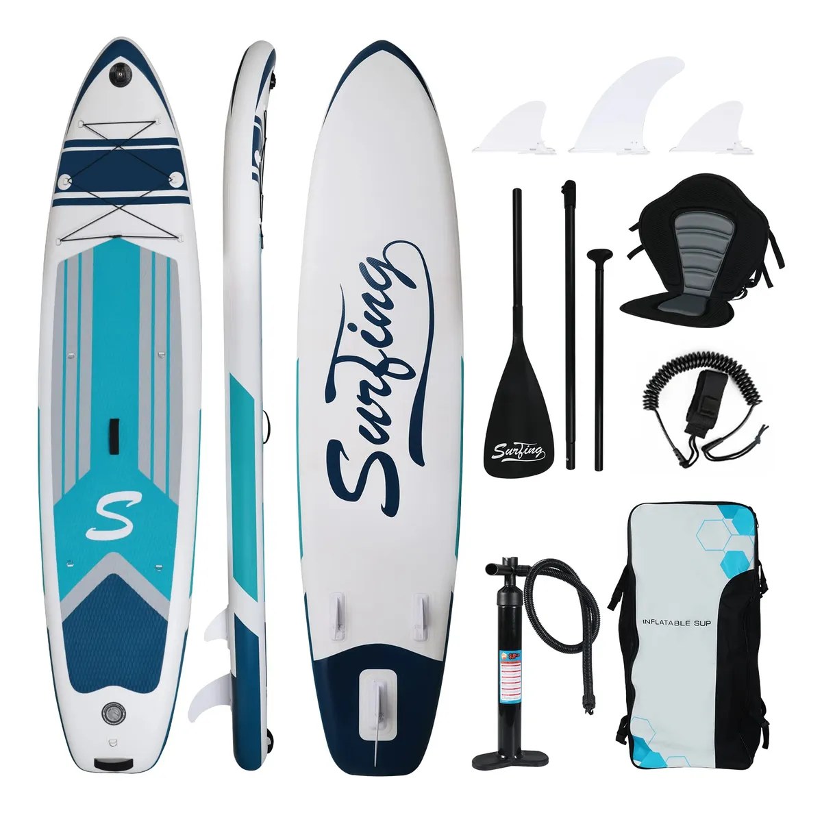 Tabla de Paddle Inflable 335x81x15 cm con Asiento - Acceso Azul Blanco - Ideal para Deportes Acuáticos y Paseos en Familia | Paddleboard Resistente y Estable