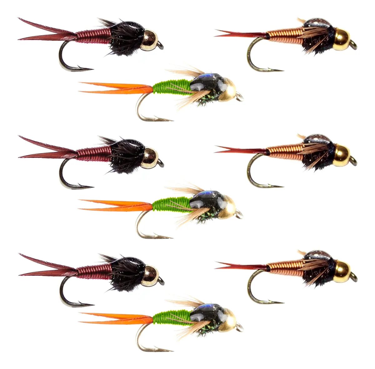 9 Moscas de Pesca con Cabeza de Abalorio de Tungsteno y Cobre | Tamaño Cobre, Rojo, Chartreuse | Ideal para Pesca Deportiva y Truchas | Duraderas y Realistas