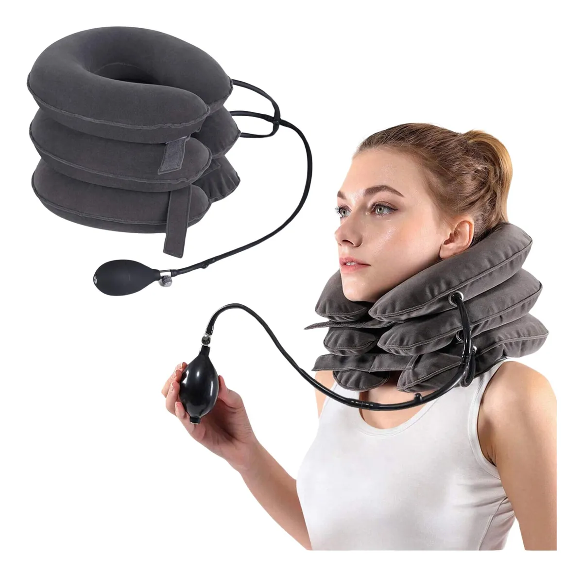 Collarín Cervical Inflable Relajador de Cuello y Hombro - Alivio Instantáneo del Dolor, Soporte Ergonómico, Gris