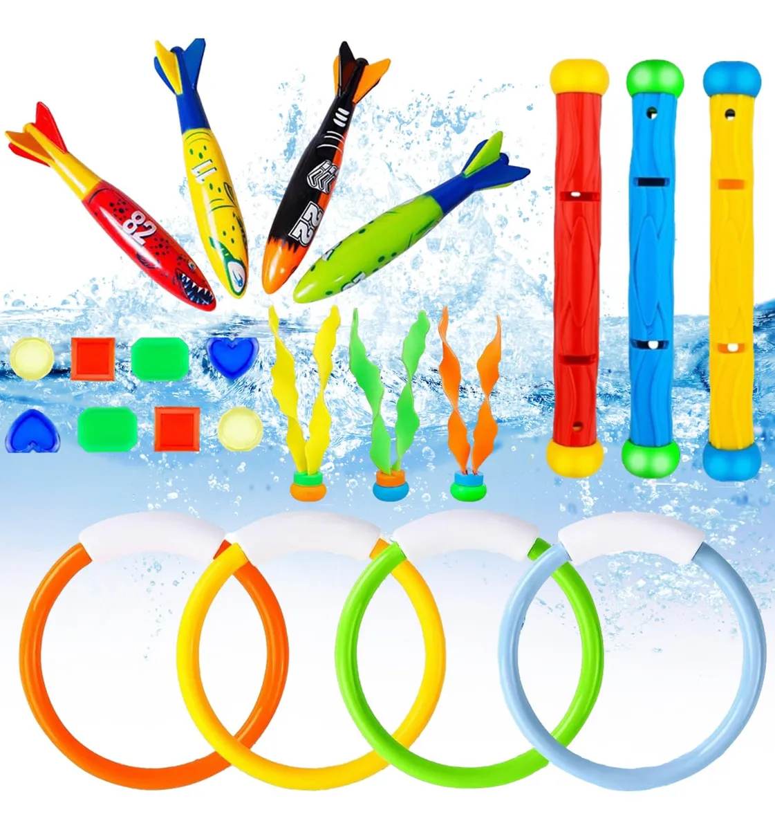 Set de 22 Piezas Juguetes de Buceo para Piscina - Diversión Acuática Verano para Niños, Colores Variados - Accesorios de Natación Seguros y Resistentes