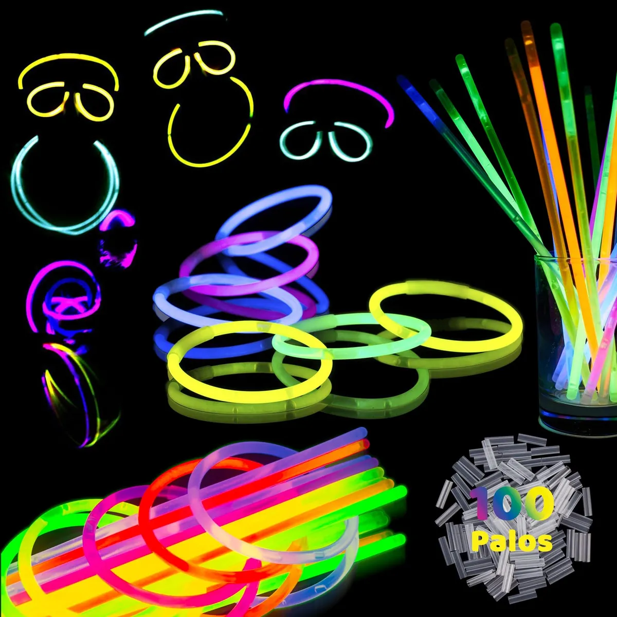 100 Pulseras Neon Glow Sticks LED 8" - Fiesta, Eventos, Celebraciones - Colores Variados: Rojo, Naranja, Amarillo, Verde, Azul, Morado, Rosa, Blanco
