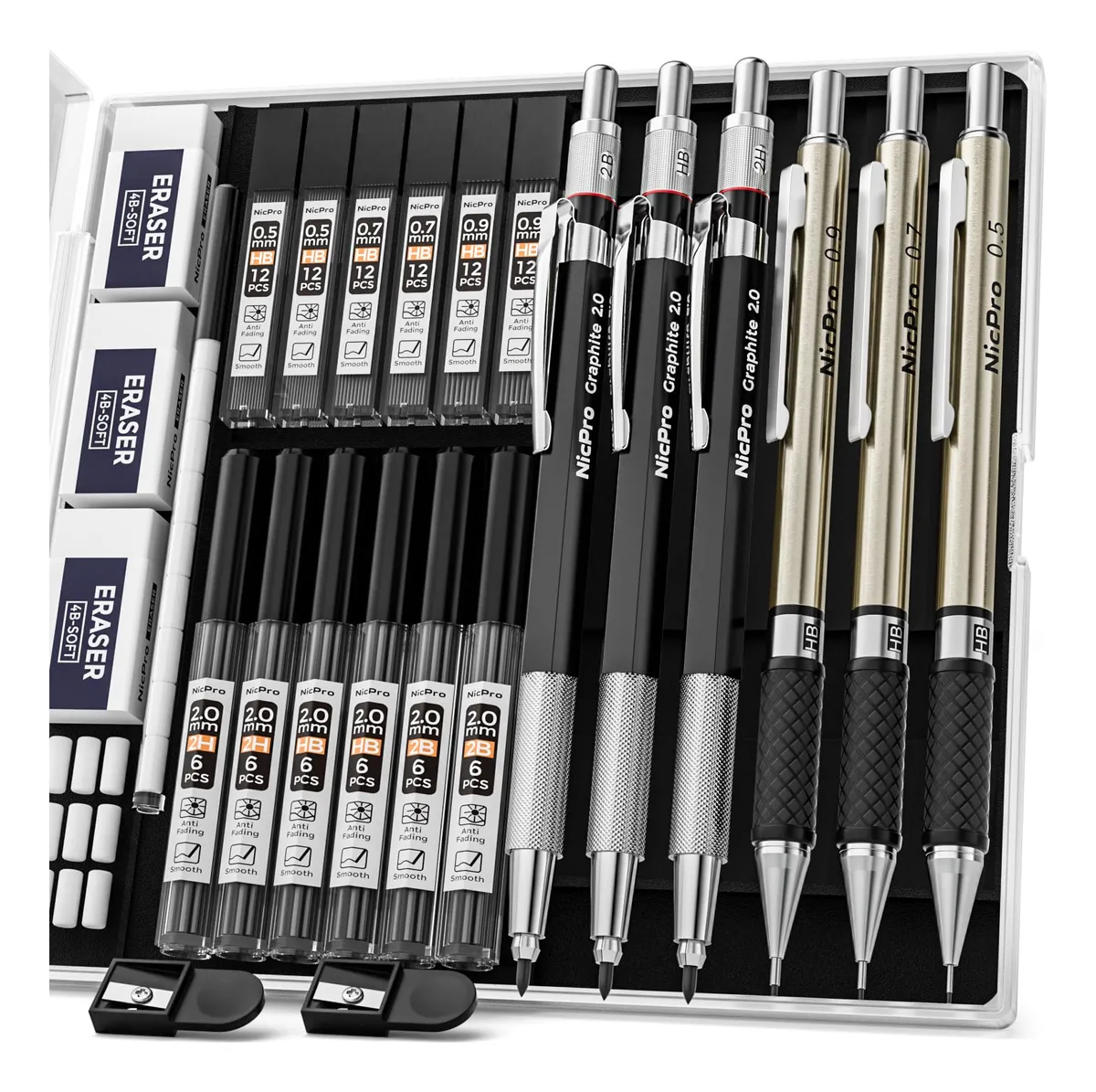 Juego de 6 Lápices Mecánicos Artísticos de Precisión con Estuche Metálico Plateado - Herramientas de Dibujo y Boceto para Artistas Profesionales y Estudiantes