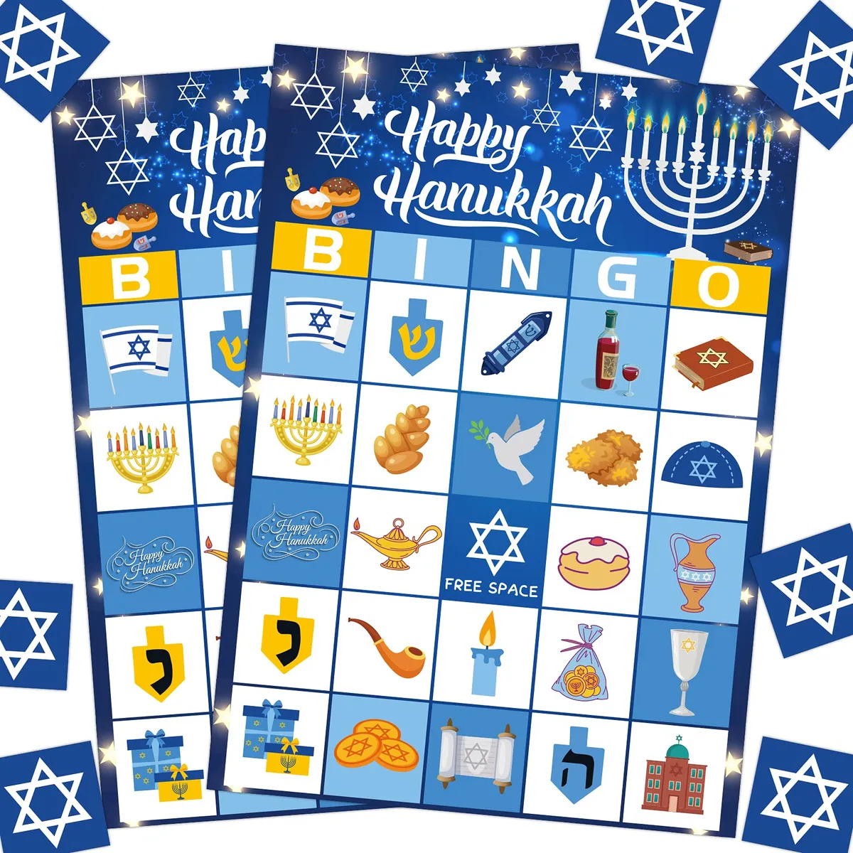 Juego de Bingo Festivo de Hanukkah | Divertidas Decoraciones de Fiesta con Menorah para Celebraciones Familiares y Eventos Temáticos Judíos | Incluye Tarjetas, Marcadores y Premios Divertidos