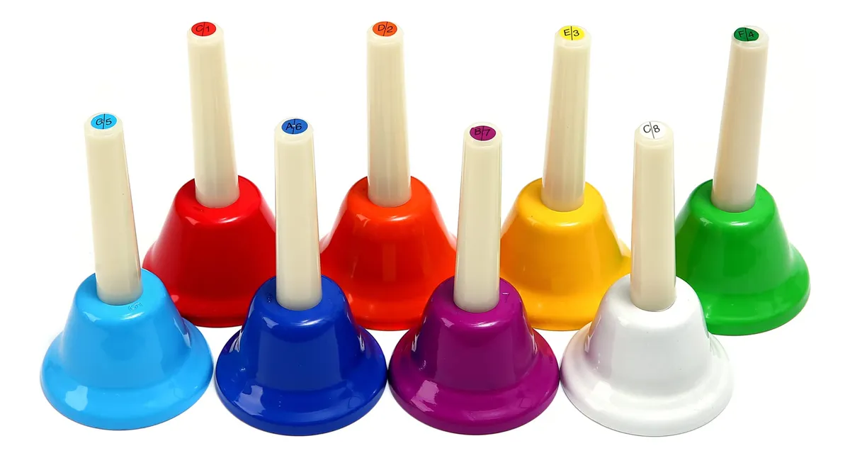 Campanas de Mano 8 Notas Melódicas para Niños y Adultos | Instrumento Musical Educativo y Divertido | Colores Vibrantes para Aprendizaje Musical