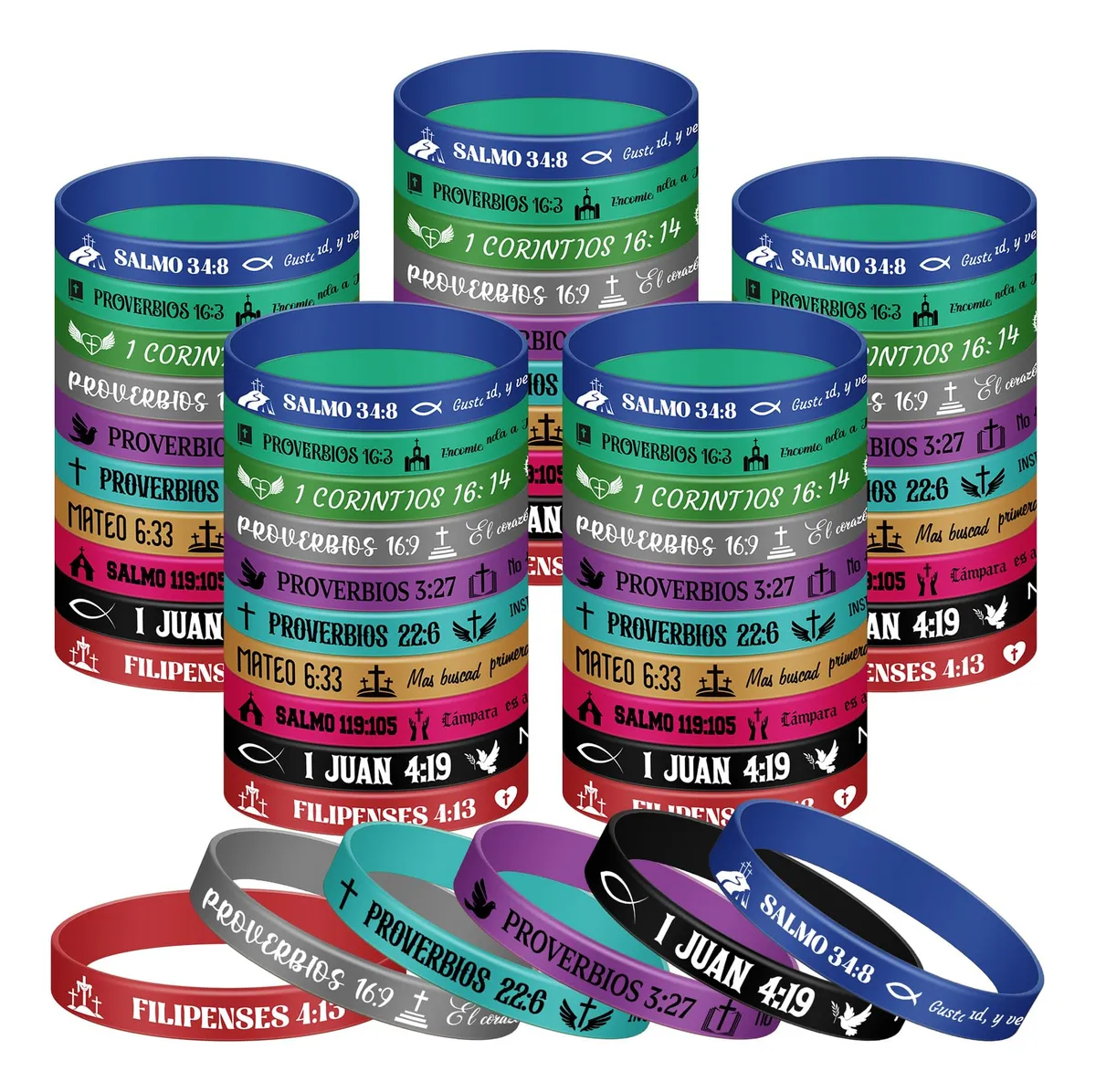 120 Pulseras Motivacionales de Goma con Versículos Bíblicos Inspiradores | Regalos y Recuerdos Religiosos | Diseño Colorido para Fiesta y Eventos