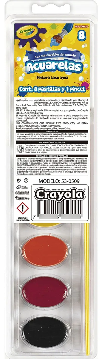 Acuarelas Lavables Crayola con Pincel, Paquete de 8 Colores Vibrantes: Negro, Café, Rojo, Naranja, Amarillo, Verde, Azul y Morado para Artistas y Niños
