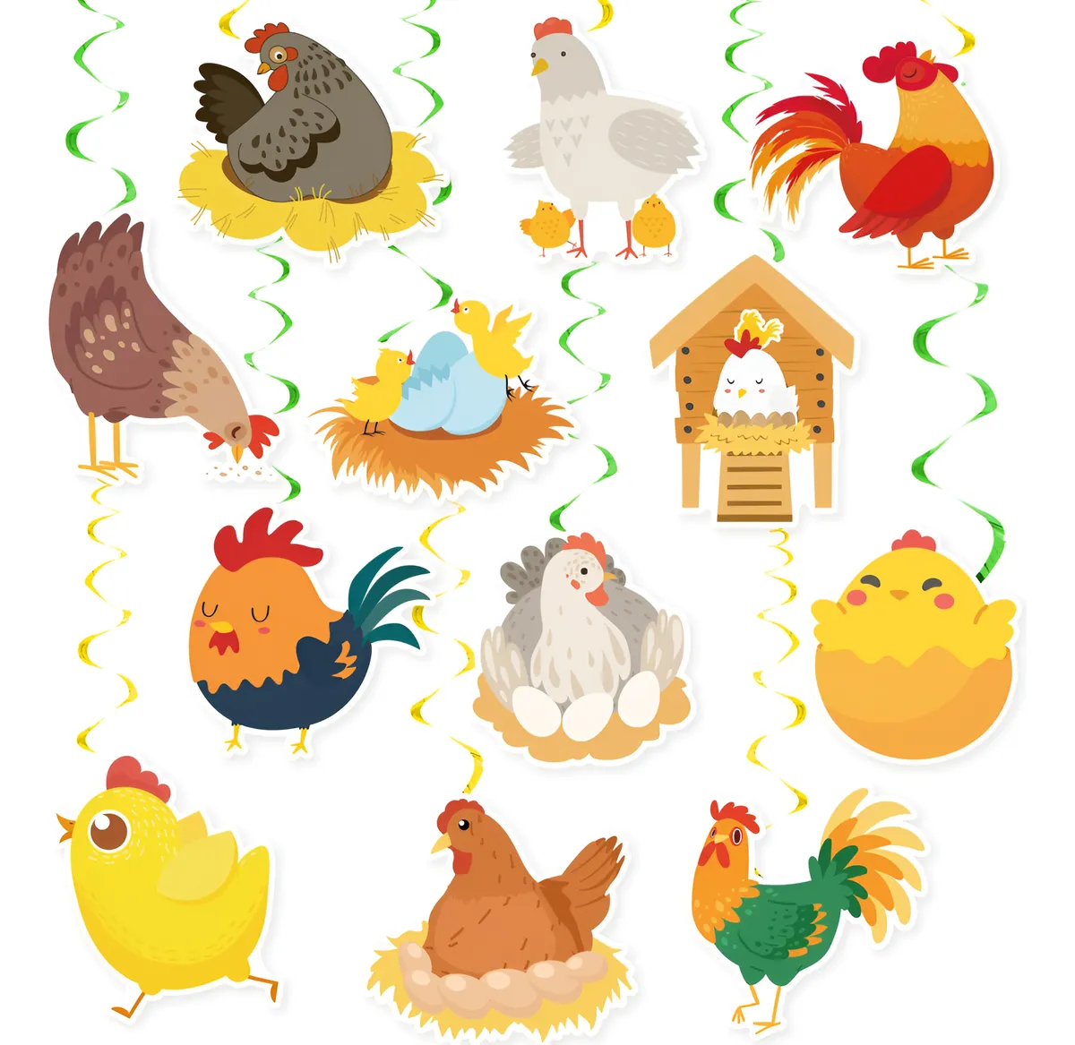 24 Remolinos Colgantes Decoración Fiesta Pollo Divertida | Adornos Temáticos para Celebraciones Coloridas | Fácil Instalación