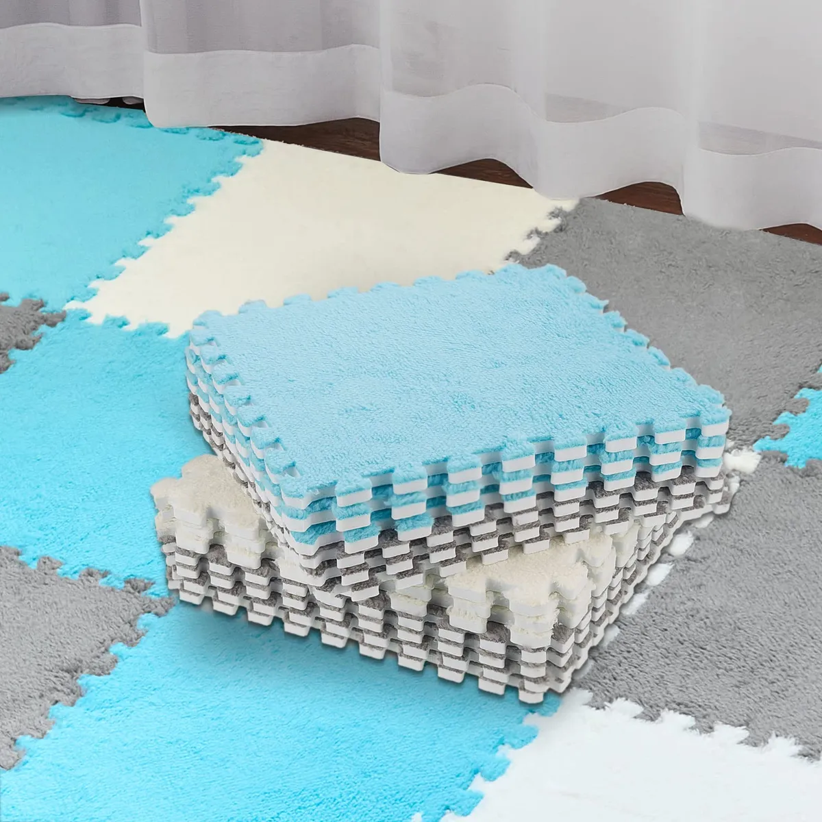 18 Alfombrillas Suaves De Espuma Para Juego Y Decoración | Suelo Protector Antideslizante | Blanco, Gris Claro, Azul Real | Diseño Impreso