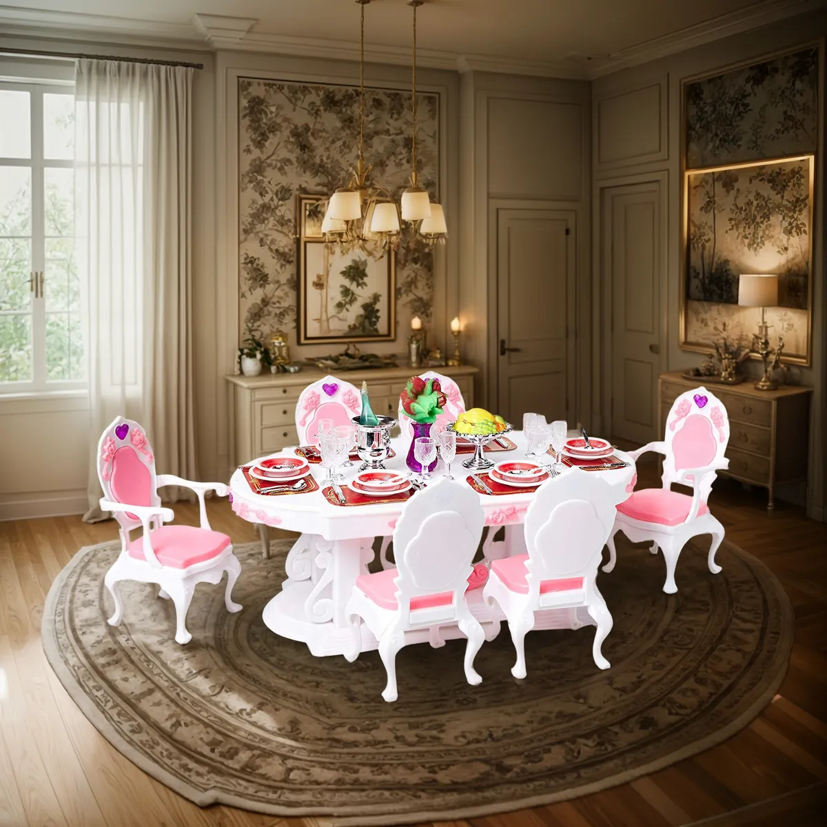 Juego de Comedor de Lujo para Casa de Muñecas Blanco/Rosa - Diseño Elegante de Tela en Sillas - Muebles Miniatura para Decoración Infantil