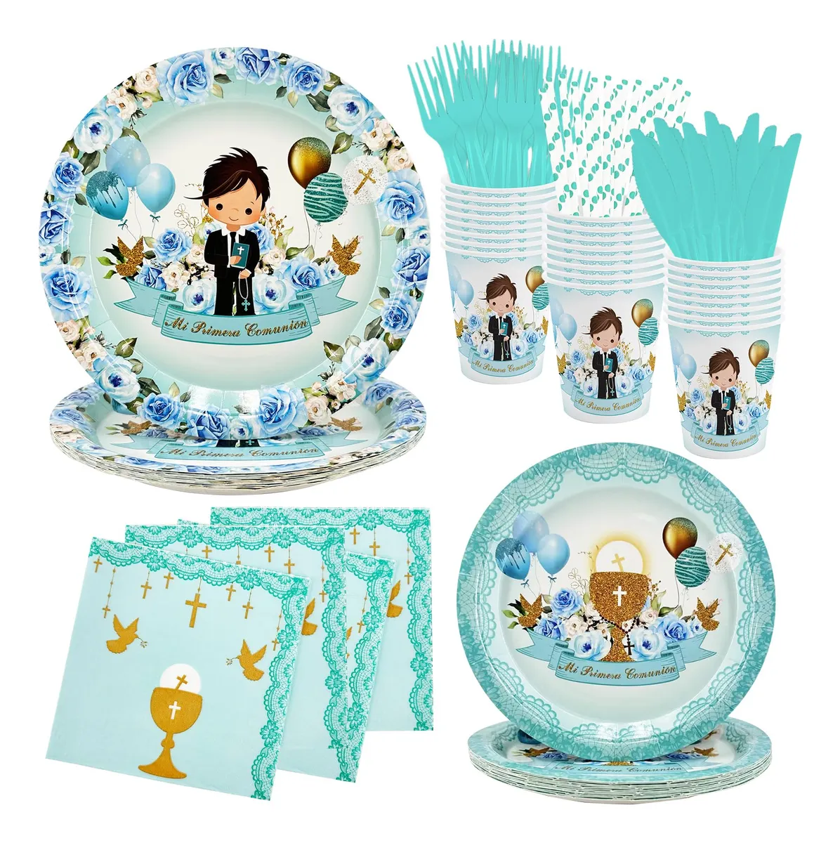 Juego Completo de 112 Platos y Servilletas Azules para Bautizo: Diseño Exclusivo para tu Celebración - Ideal para Fiestas Infantiles y Eventos Especiales