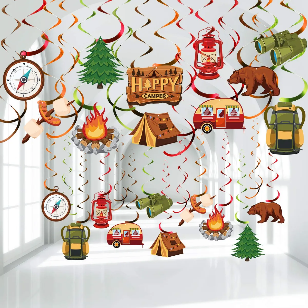 30 Remolinos Colgantes Decoración Fiesta Temática Camping Multicolor | Adornos Divertidos y Festivos para Celebraciones al Aire Libre y Eventos Especiales