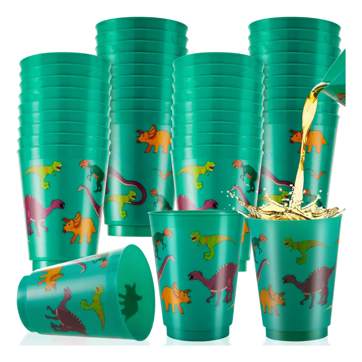 Pack 24 Vasos de Plástico Infantiles con Diseño de Dinosaurio - 450ml, Ideales para Fiestas Temáticas y Cumpleaños - Color Verde Brillante para Niños y Niñas