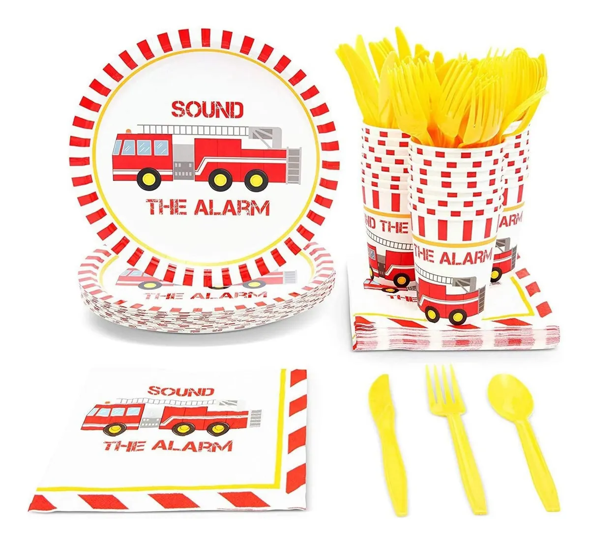 Decoración de Fiesta Bomberos 144 Piezas Vajilla Desechable Multicolor para Cumpleaños Infantiles - Platos, Vasos y Servilletas Temáticas