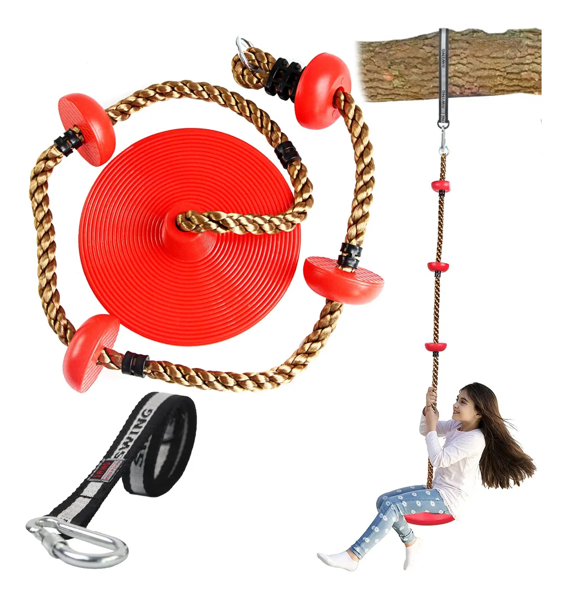Asiento de Columpio de Cuerda Disco Rojo para Niños y Niñas - Juguete de Exterior Resistente para Patio Trasero y Diversión Segura