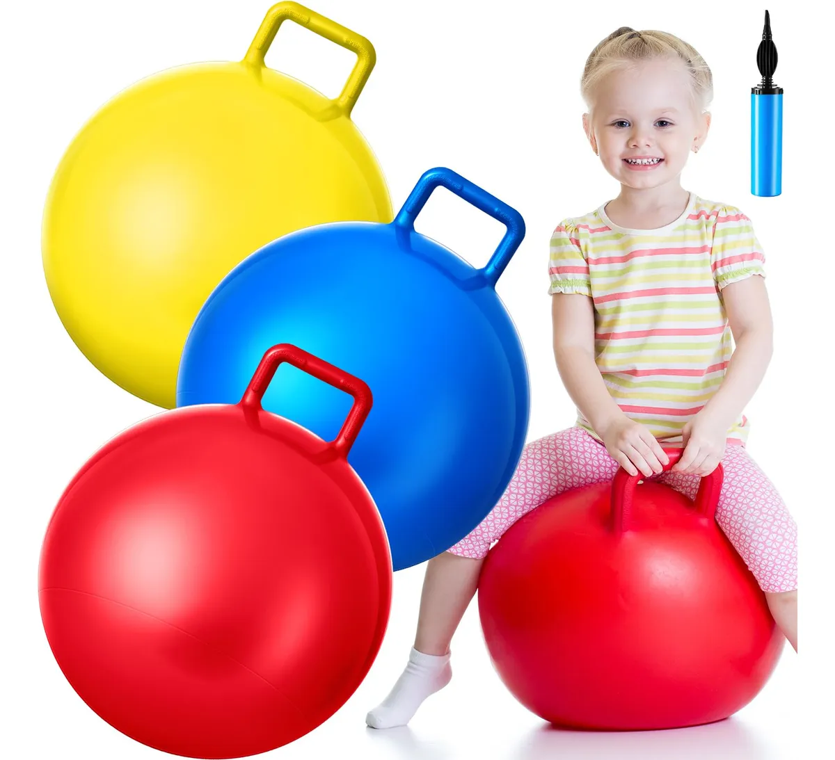 Pack 3 Bolas de Rebote Ejercicio 38cm con Asa y Bomba de Aire Incluida | Fitness, Rehabilitación y Diversión Segura para Todas las Edades