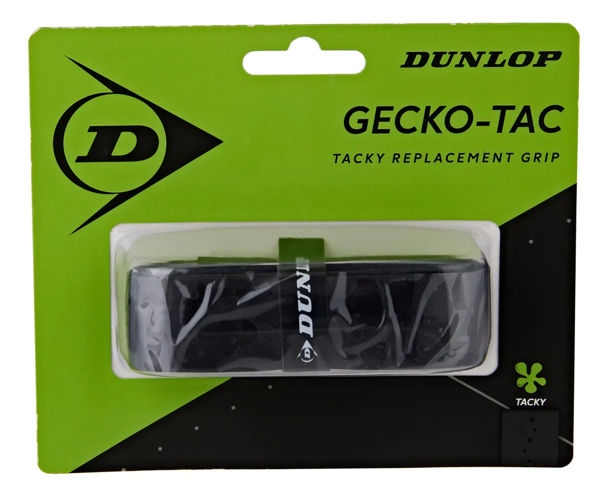 Dunlop Gecko-Tac Empuñadura de Repuesto para Raquetas de Tenis, Squash y Bádminton | Pack 12 Unidades | Negro, Máximo Agarre y Control | Para Deportistas Exigentes