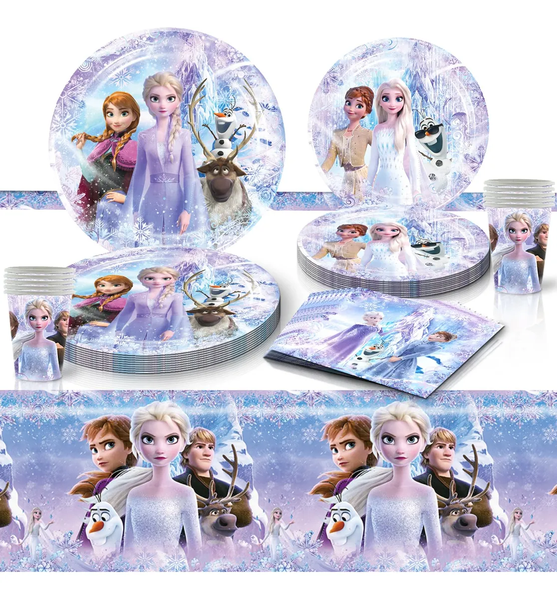 81 Piezas Vajilla Fiesta Cumpleaños Frozen Azul Blanco Celeste - Platos Vasos Servilletas - Temática Invierno Mágico - Regalo Ideal Niñas